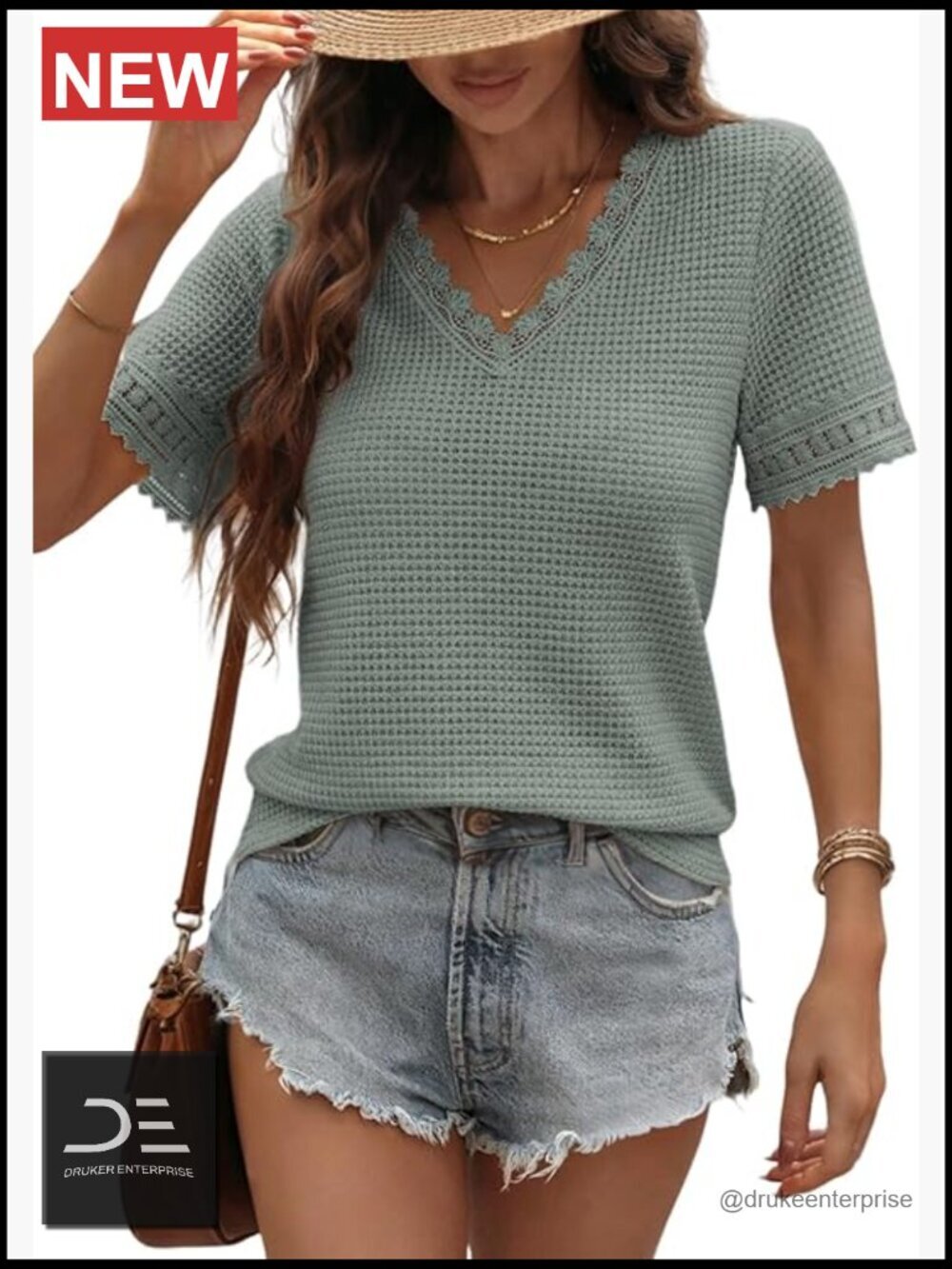 Womens V Neck Short Sleeve Waffle Knit Lace Patchwork Tunic Tops